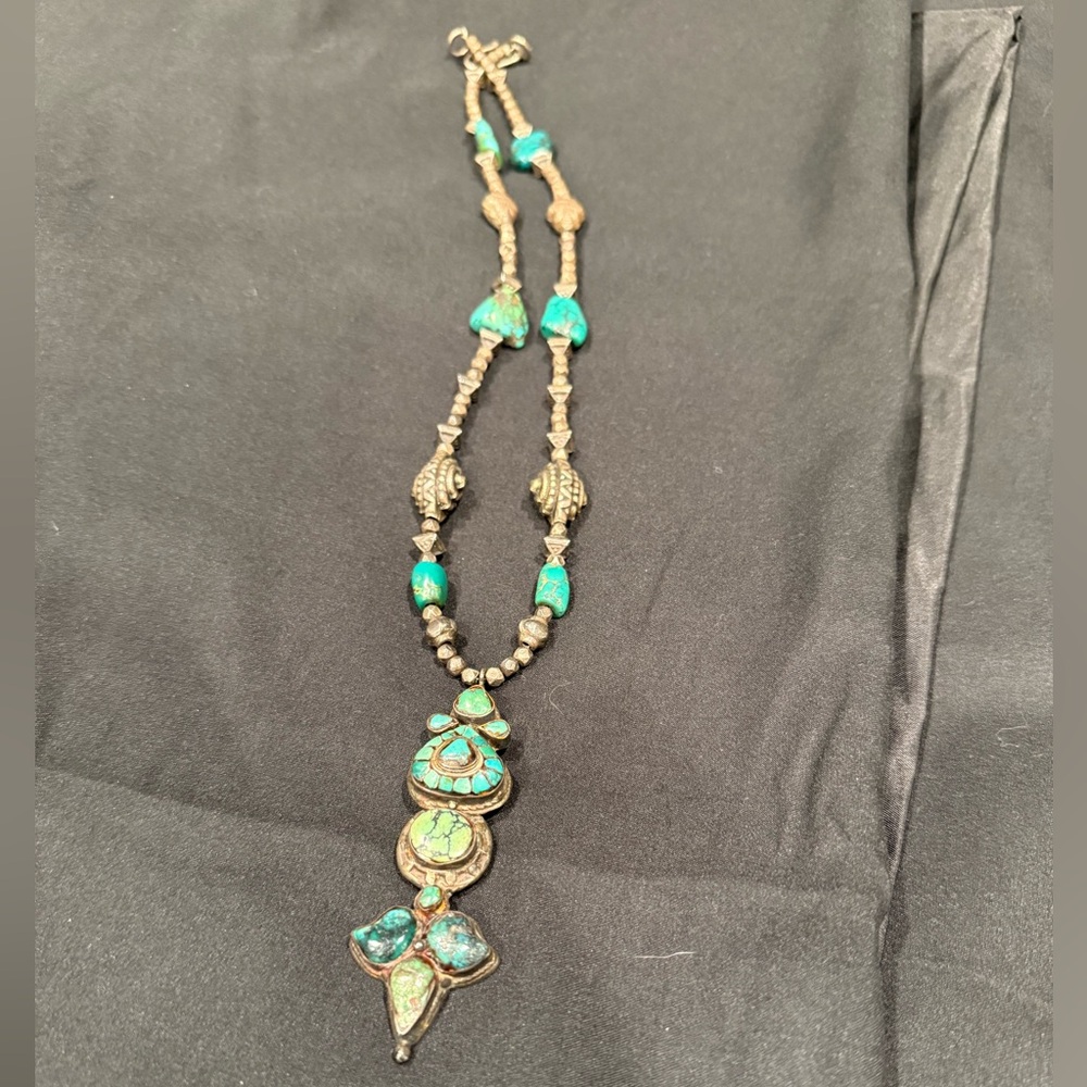 Vintage Unique Sterling Silver Turquoise Pendant Necklace Tibetan Style Silver
